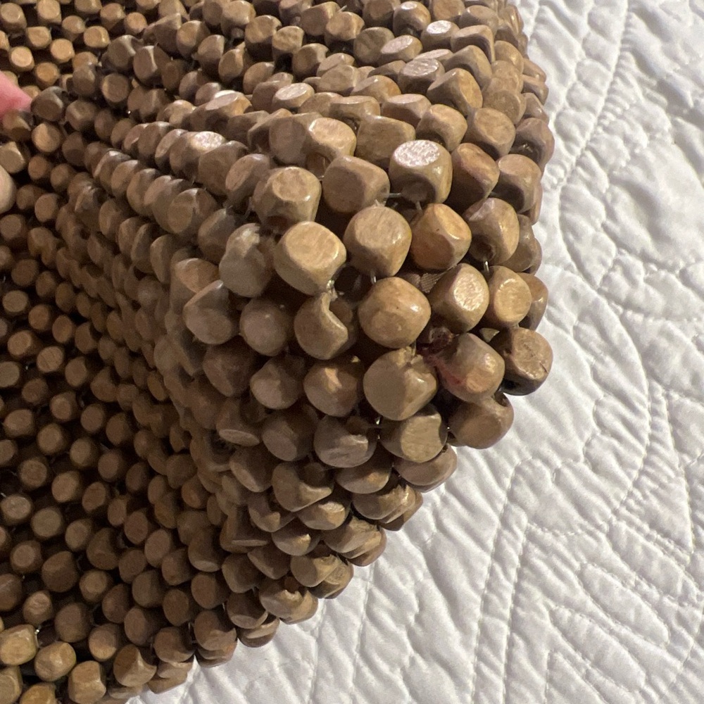 Wood Bead Purse Natural Color 12” x 11” with 11” handle - Picture 10 of 12